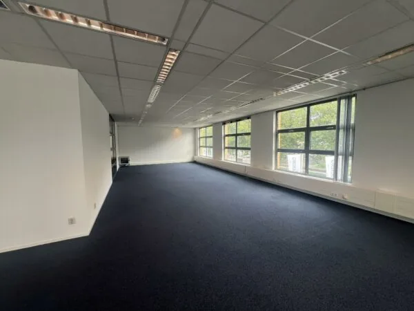 Lichte, lege kantoorruimte aan de Rivium 2e Straat met grote ramen en donkerblauwe vloerbedekking.